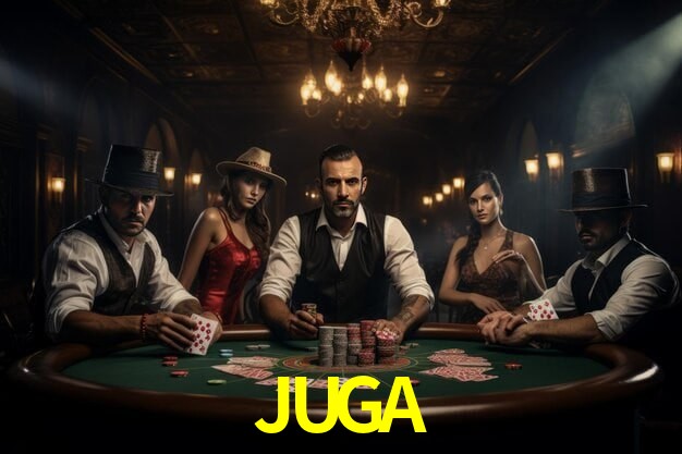 Una escena digital vívida inspirada en casino con JUGA mostrado prominentemente, luces brillantes, fichas, cartas y acentos dorados.