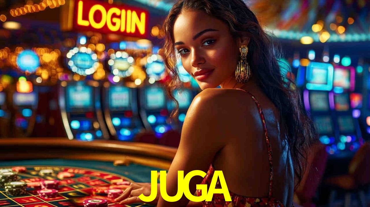 Escena dinámica inspirada en casino con iluminación JUGA, cartas, fichas e íconos de juegos digitales en un espacio moderno de juegos.
