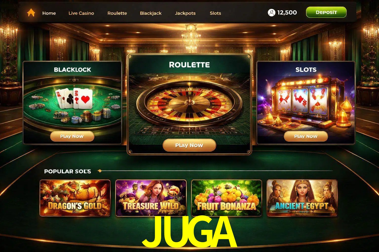 Vista de la plataforma JUGA Casino mostrando categorías organizadas de juegos en línea