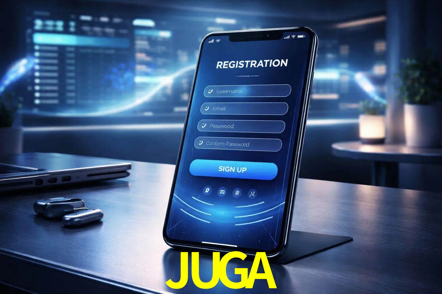 Una interfaz moderna de registro móvil para JUGA mostrada en un smartphone con un panel de apuestas elegante.